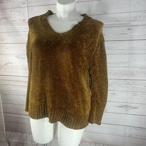Goodnight Macaroon Gold V-neck Knit Sweater womens size Small Pull over SO Soft!